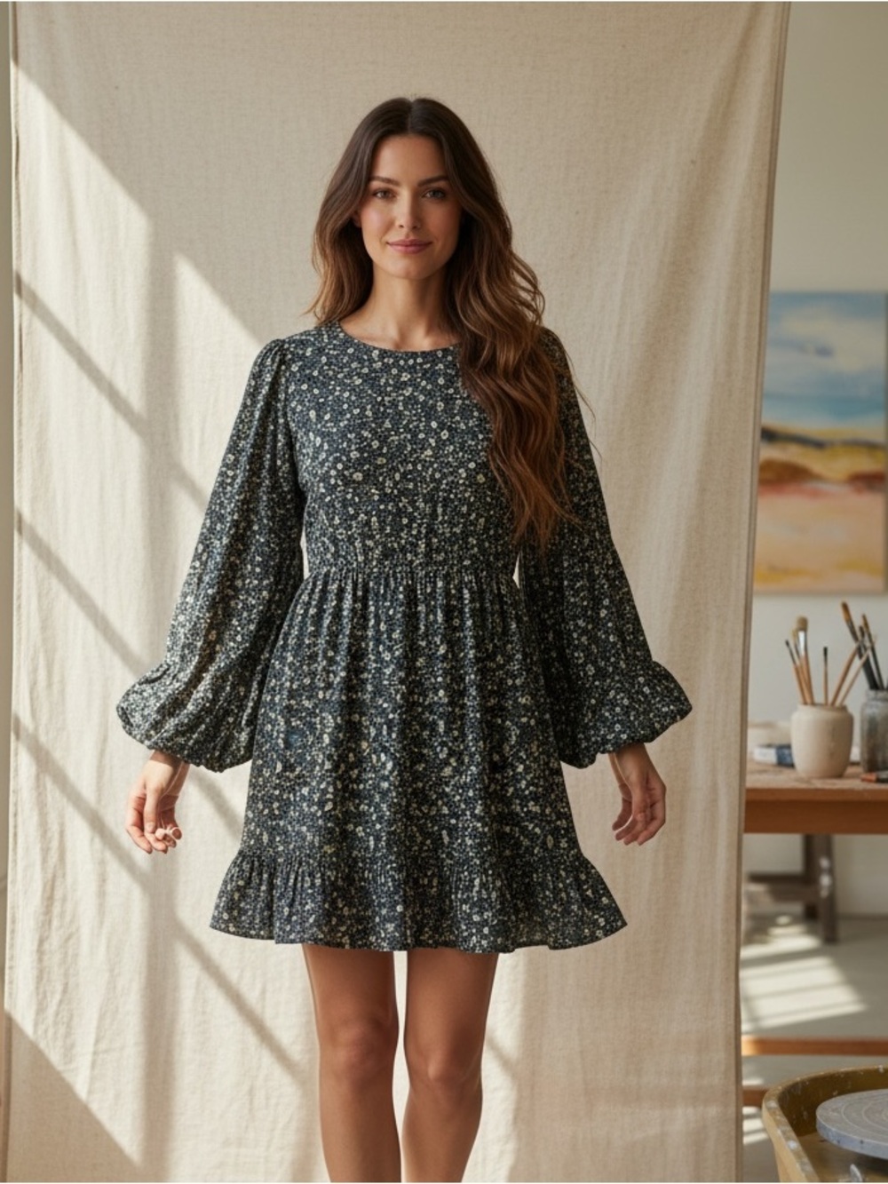 Black Vibrant Floral Voluminous Bell Sleeve Babydoll  Boho Dress Size XL